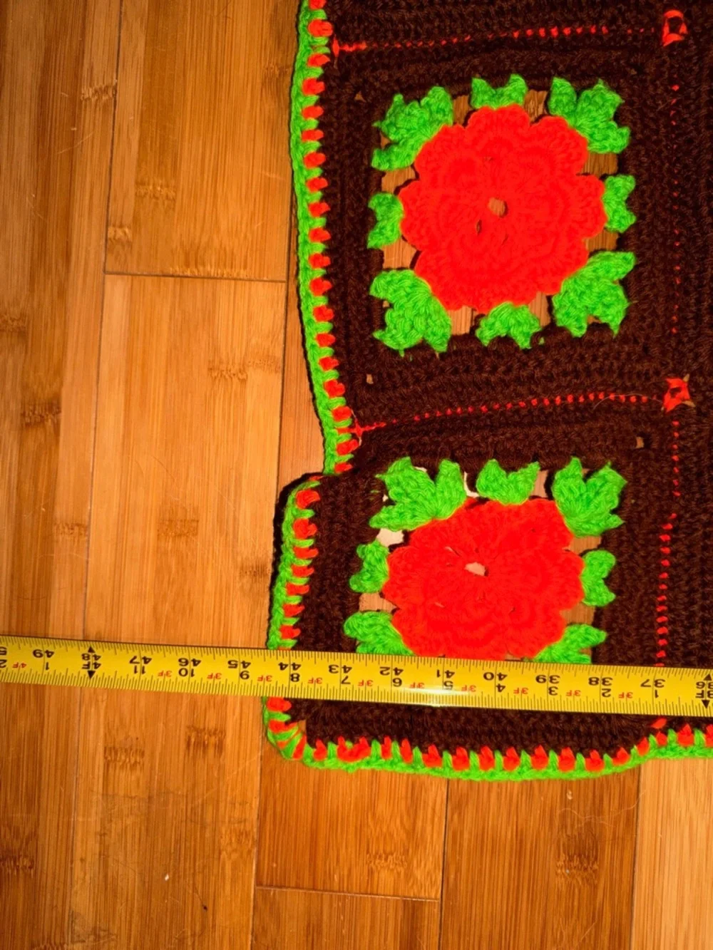 Vintage Handmade Crochet Granny Square Blanket with Orange Flowers